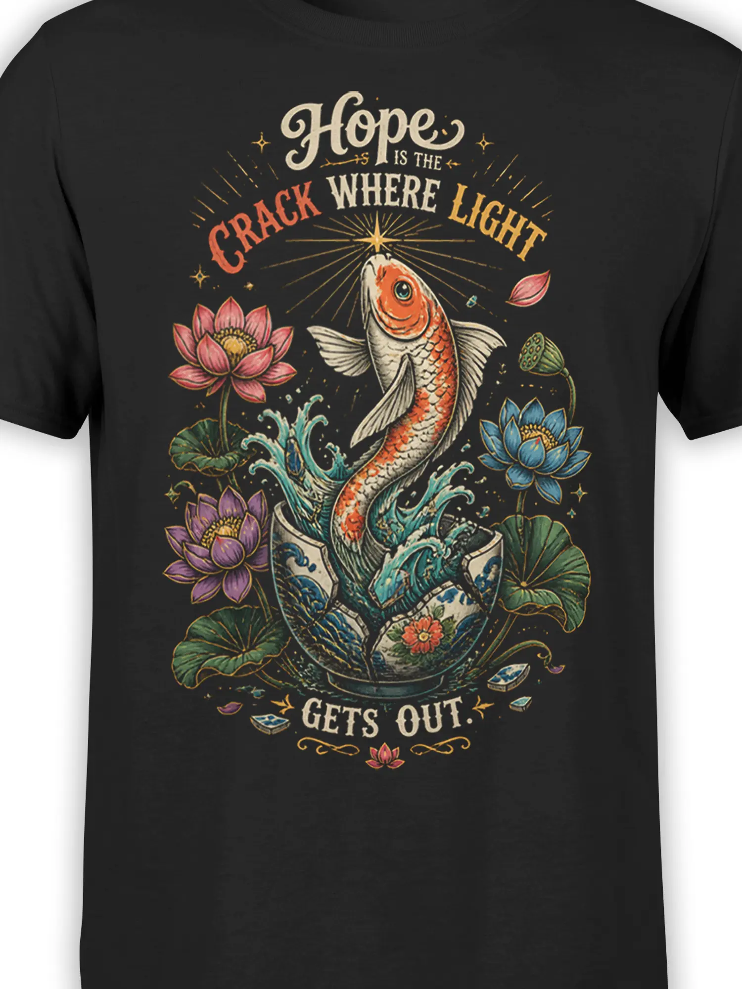 Close-up of colorful koi fish and lotus artwork with Hope Is the Crack Where Light Gets Out text on black fabric