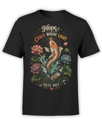 Black T-shirt with colorful koi fish, lotus flowers, water, and the message Hope Is the Crack Where Light Gets Out