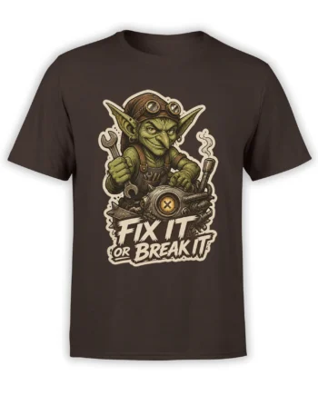 Green goblin mechanic with goggles, wrench, and “Fix It or Break It” design on a dark brown T-shirt