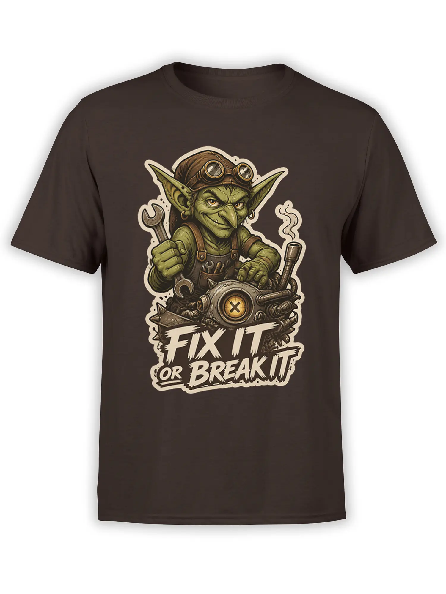Green goblin mechanic with goggles, wrench, and “Fix It or Break It” design on a dark brown T-shirt