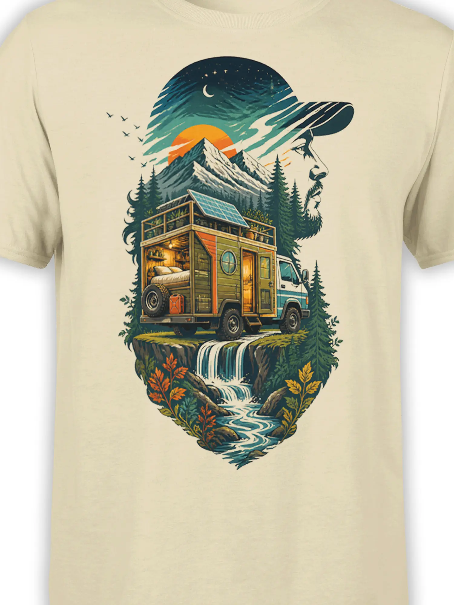 Close-up of the beige camper van graphic tee showing the van, mountain peaks, waterfall, trees, and sunset landscape