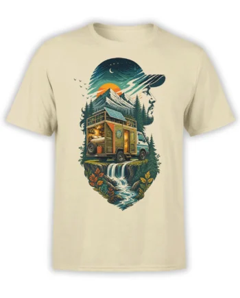 Beige camper van T-shirt with a mountain, waterfall, pine forest, sunset, moon, and traveler profile design