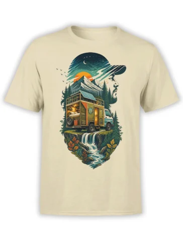 Beige camper van T-shirt with a mountain, waterfall, pine forest, sunset, moon, and traveler profile design