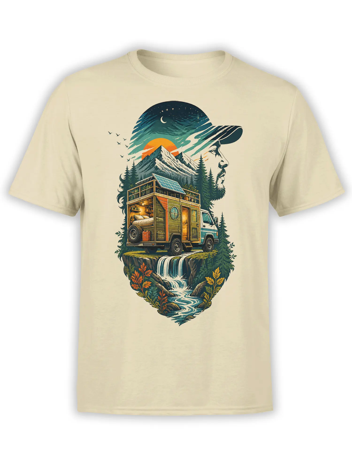 Beige camper van T-shirt with a mountain, waterfall, pine forest, sunset, moon, and traveler profile design