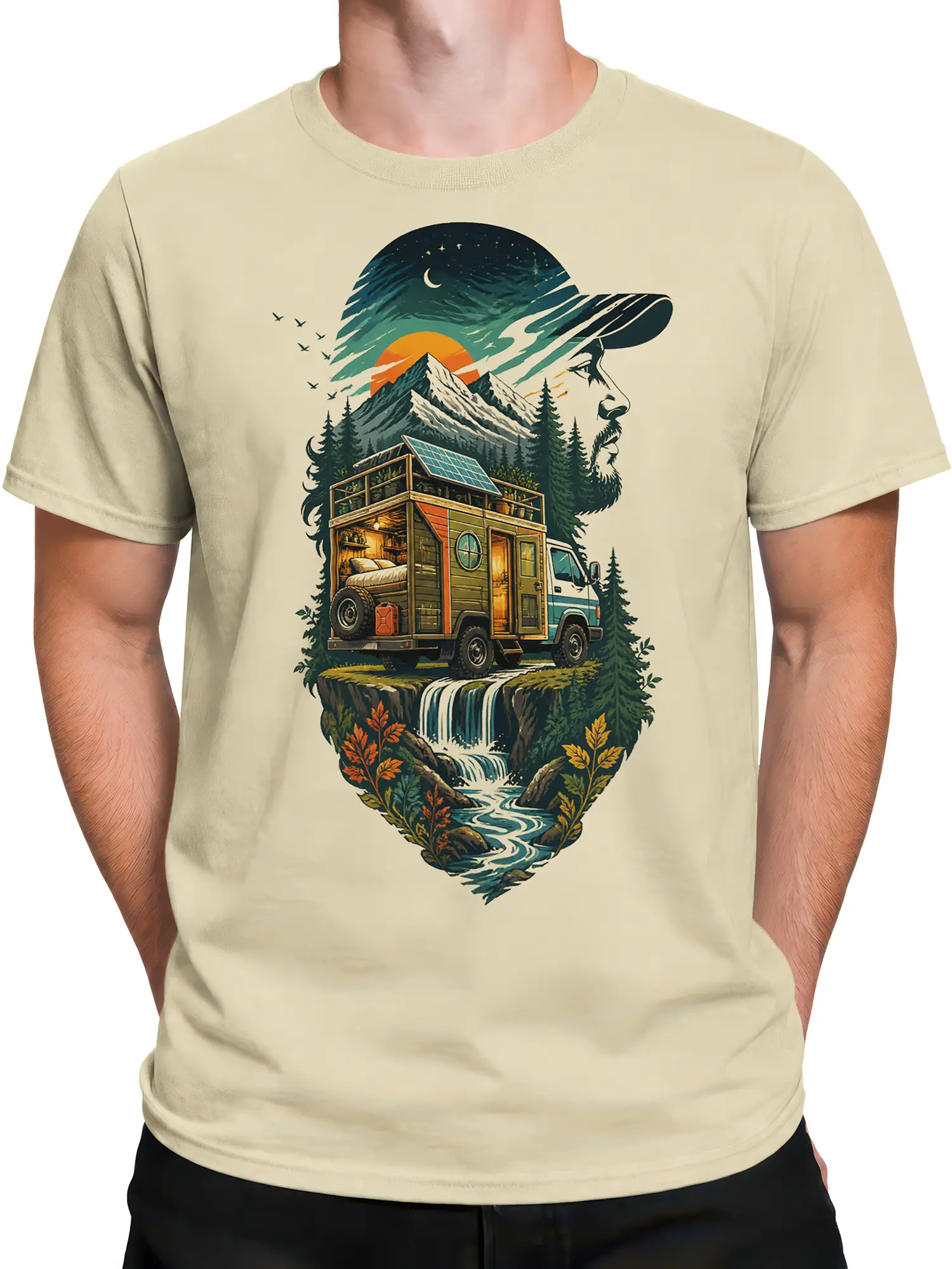 Male torso wearing a beige camper van T-shirt with a mountain, waterfall, forest, moon, and sunset graphic