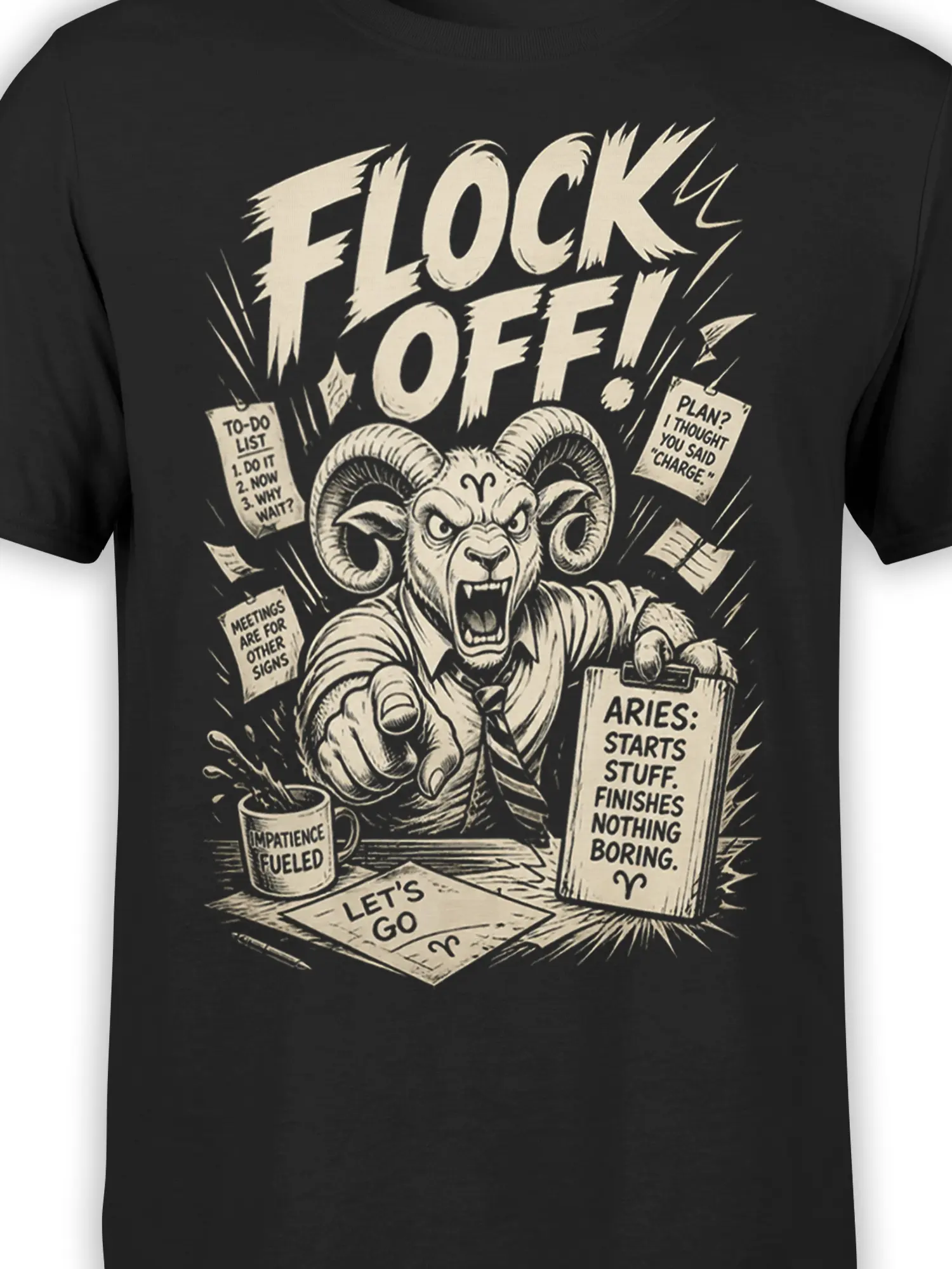 Close-up of Aries ram graphic with “FLOCK OFF” text, office humor notes, clipboard, and cream ink on black fabric