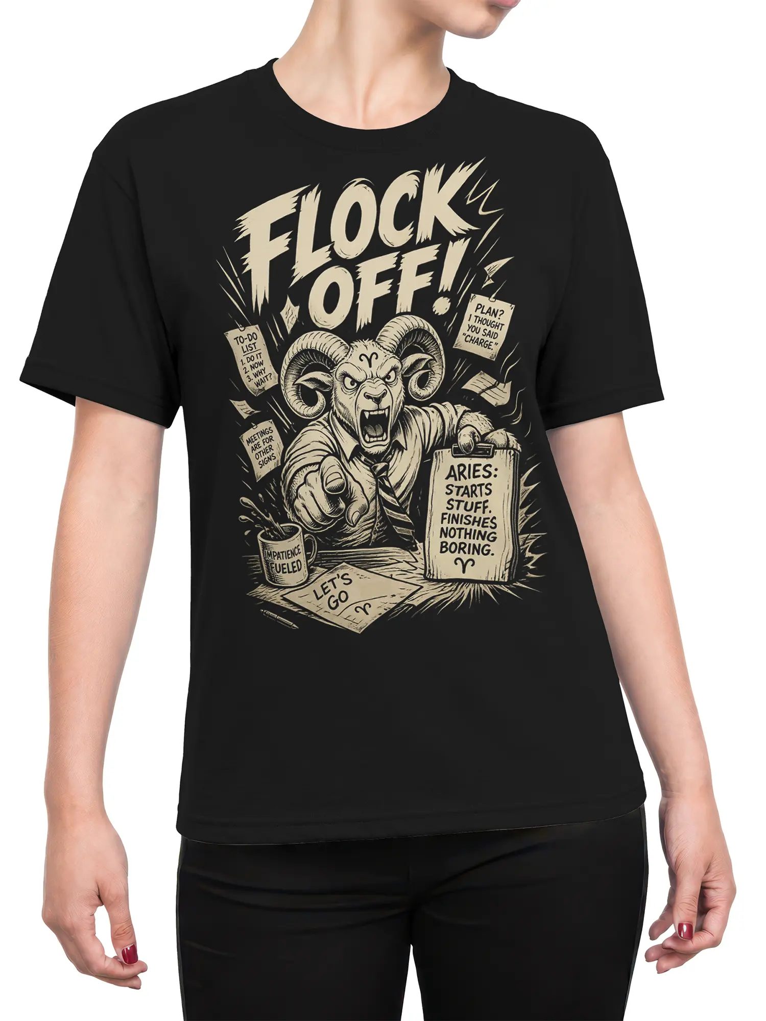 Female torso wearing a black Aries ram T-shirt with bold zodiac artwork and sarcastic office humor