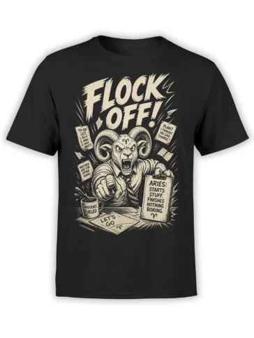 Black Aries ram T-shirt with “FLOCK OFF” lettering, office notes, coffee mug, and impatient zodiac humor