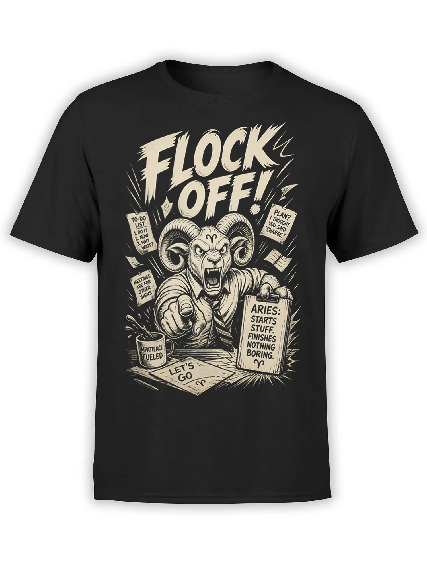 Black Aries ram T-shirt with “FLOCK OFF” lettering, office notes, coffee mug, and impatient zodiac humor