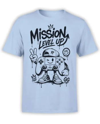 Crowned game controller character with Mission Level Up text on a light blue gaming T-shirt