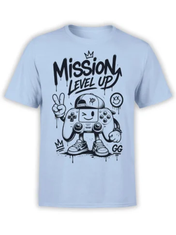Crowned game controller character with Mission Level Up text on a light blue gaming T-shirt