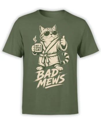 Green cat T-shirt with a sunglasses-wearing cat, mug, thumbs up, and bold “Bad Mews” lettering