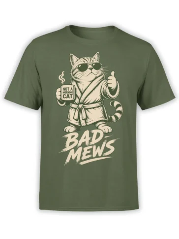 Green cat T-shirt with a sunglasses-wearing cat, mug, thumbs up, and bold “Bad Mews” lettering