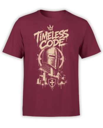Timeless Code knight helmet, crown, castle, and shield graphic on a burgundy T-shirt