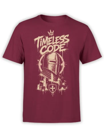 Timeless Code knight helmet, crown, castle, and shield graphic on a burgundy T-shirt