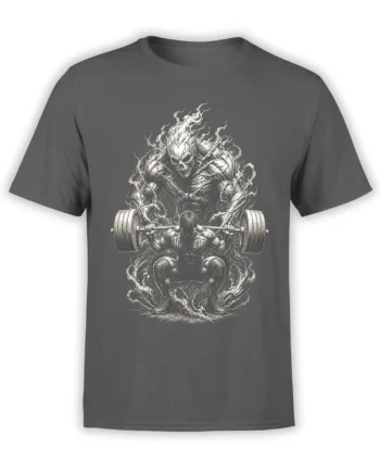 Gray weightlifting T-shirt with a muscular lifter, loaded barbell, flames, and skull-faced guardian