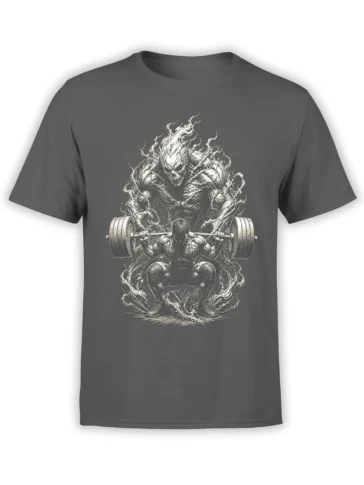 Gray weightlifting T-shirt with a muscular lifter, loaded barbell, flames, and skull-faced guardian
