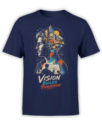 Front view of navy architect T-shirt with human profile, city skyline, drafting table, and Vision Builds Tomorrow design