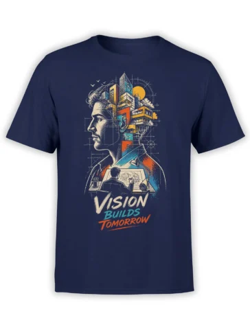 Front view of navy architect T-shirt with human profile, city skyline, drafting table, and Vision Builds Tomorrow design