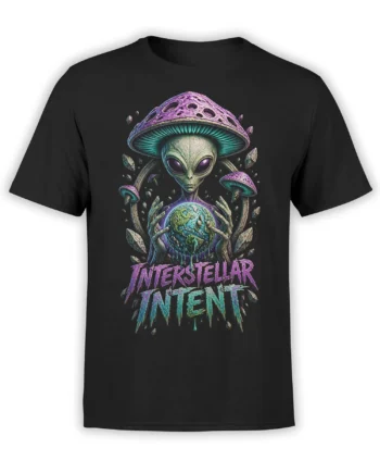 Black alien t-shirt with a purple mushroom, planet Earth, cosmic rocks, and bold psychedelic lettering