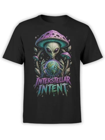 Black alien t-shirt with a purple mushroom, planet Earth, cosmic rocks, and bold psychedelic lettering