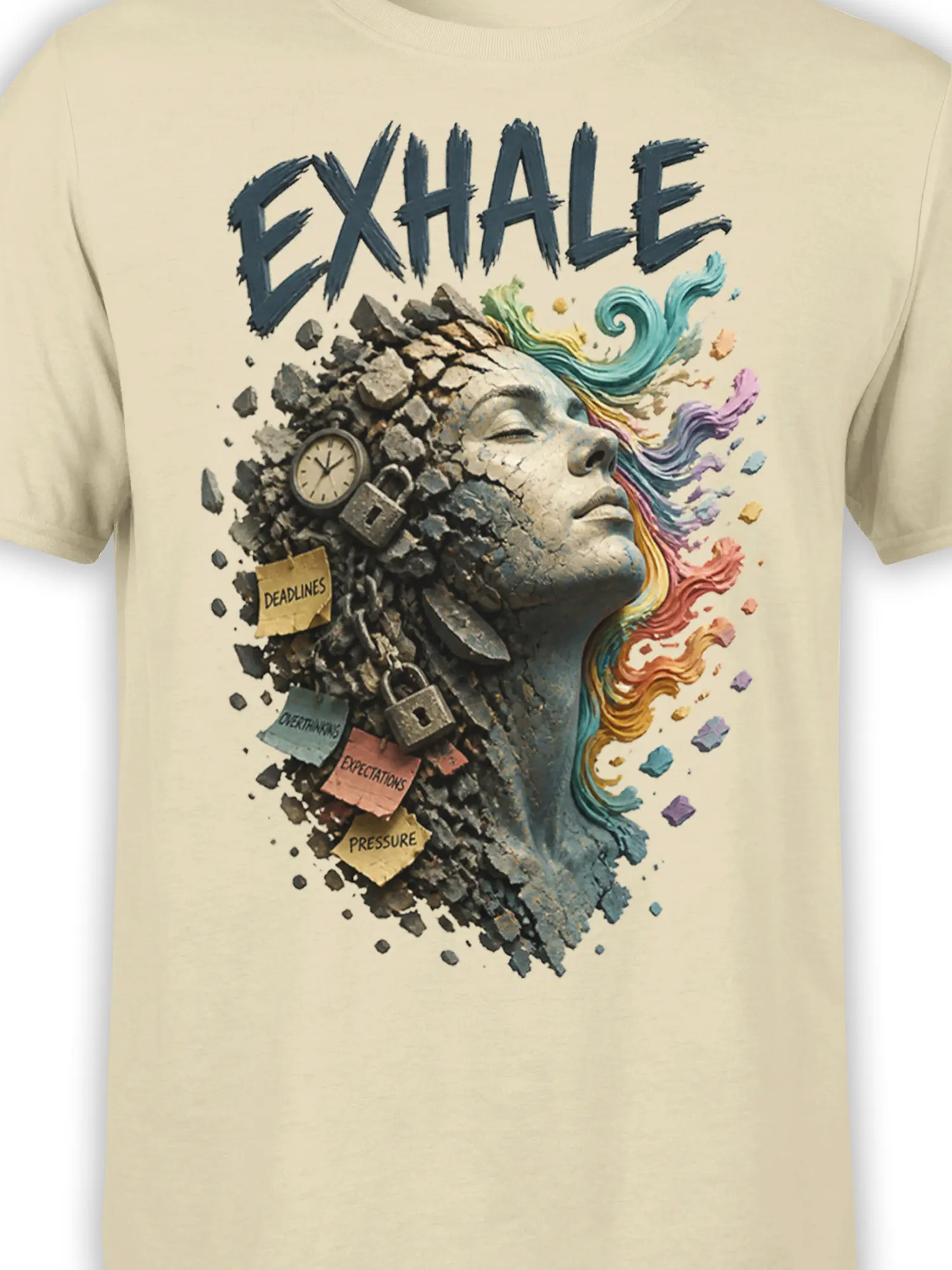Close-up of EXHALE lettering and textured face design on a beige stress relief T-shirt with colorful flowing hair