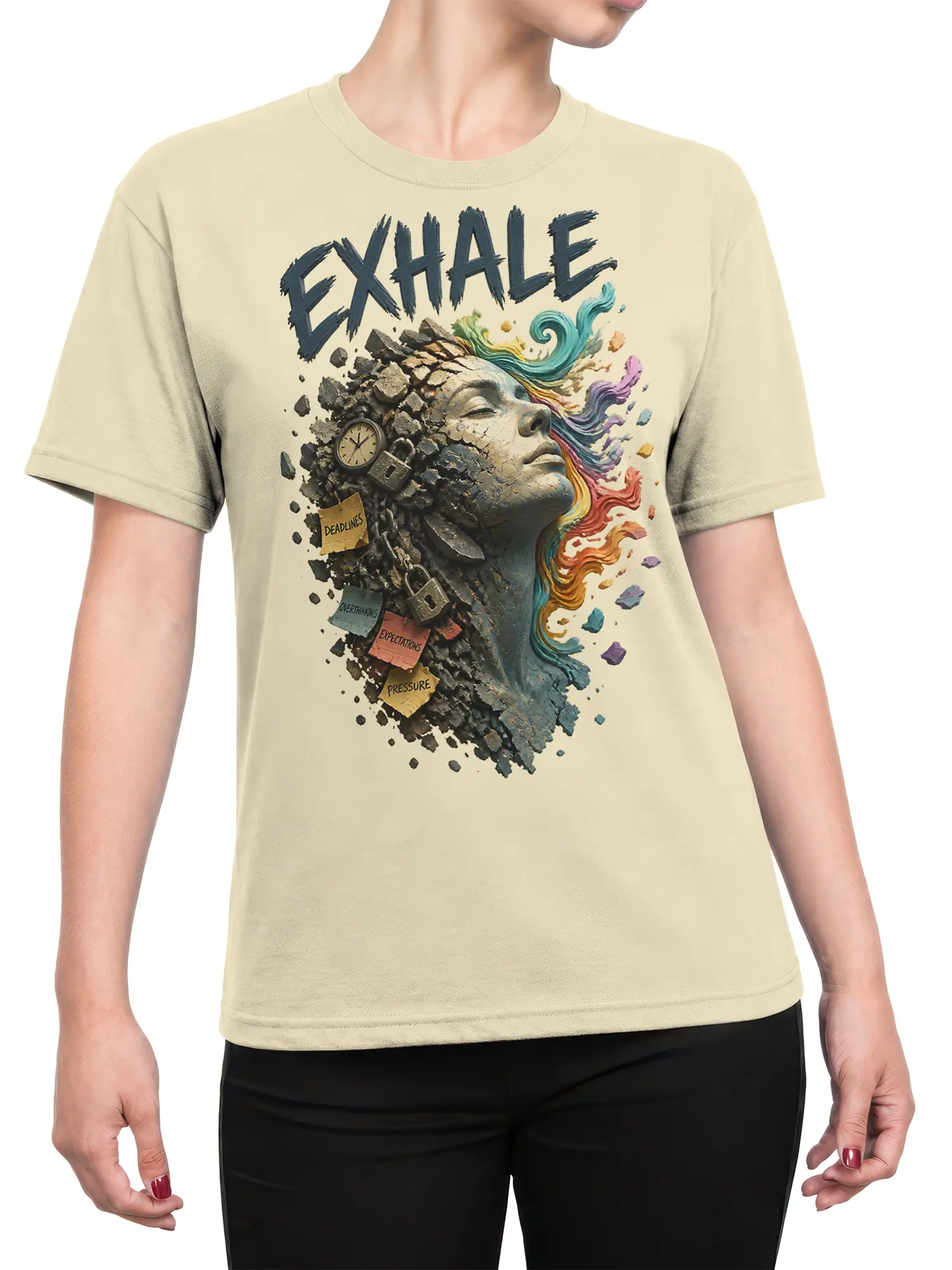 Female torso wearing a beige Exhale T-shirt with an artistic face, bold lettering, colorful hair, and pressure-themed notes