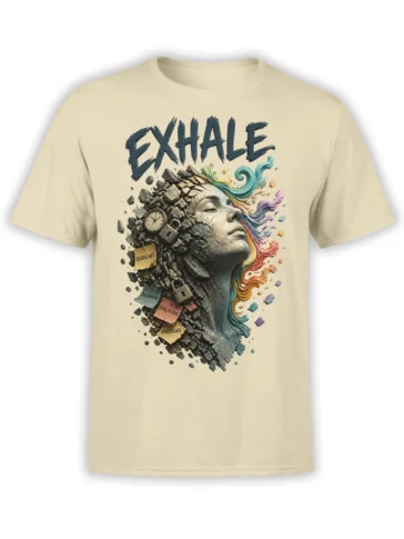 Beige T-shirt with bold EXHALE text and an artistic face surrounded by deadlines, pressure, locks, and colorful flowing hair
