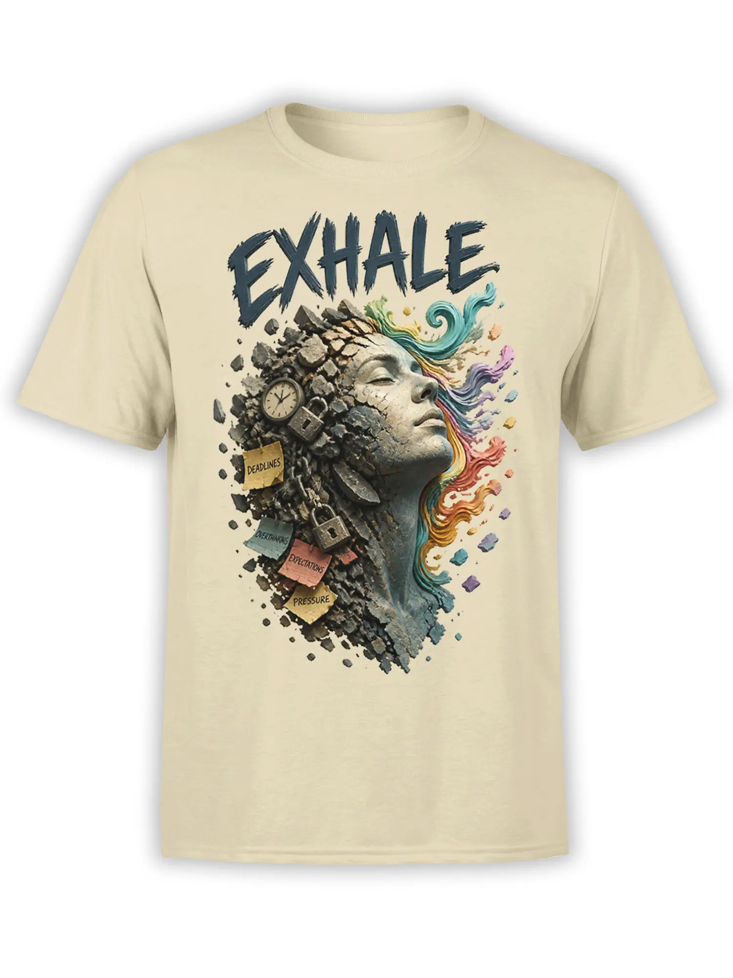 Beige T-shirt with bold EXHALE text and an artistic face surrounded by deadlines, pressure, locks, and colorful flowing hair