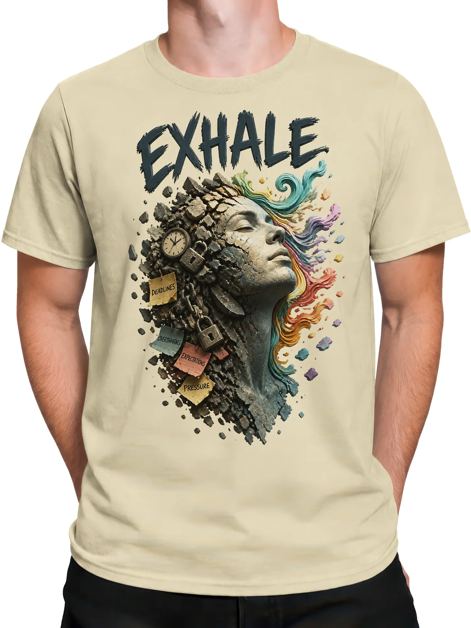 Male torso wearing a beige Exhale T-shirt with bold lettering and an artistic face surrounded by pressure symbols