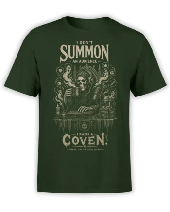 Green fantasy T-shirt with a hooded skull streamer, ghosts, microphone, keyboard, and “I Raise a Coven” lettering