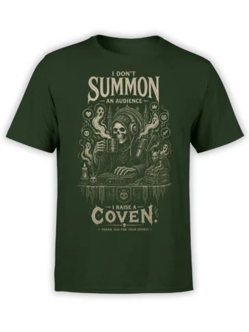 Green fantasy T-shirt with a hooded skull streamer, ghosts, microphone, keyboard, and “I Raise a Coven” lettering