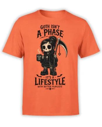Gothic reaper girl holding a scythe and caffeine mug on an orange T-shirt