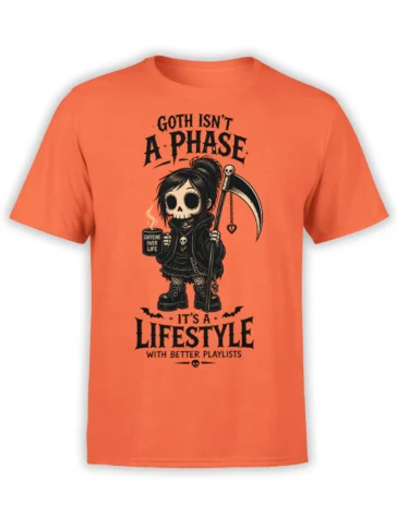 Gothic reaper girl holding a scythe and caffeine mug on an orange T-shirt
