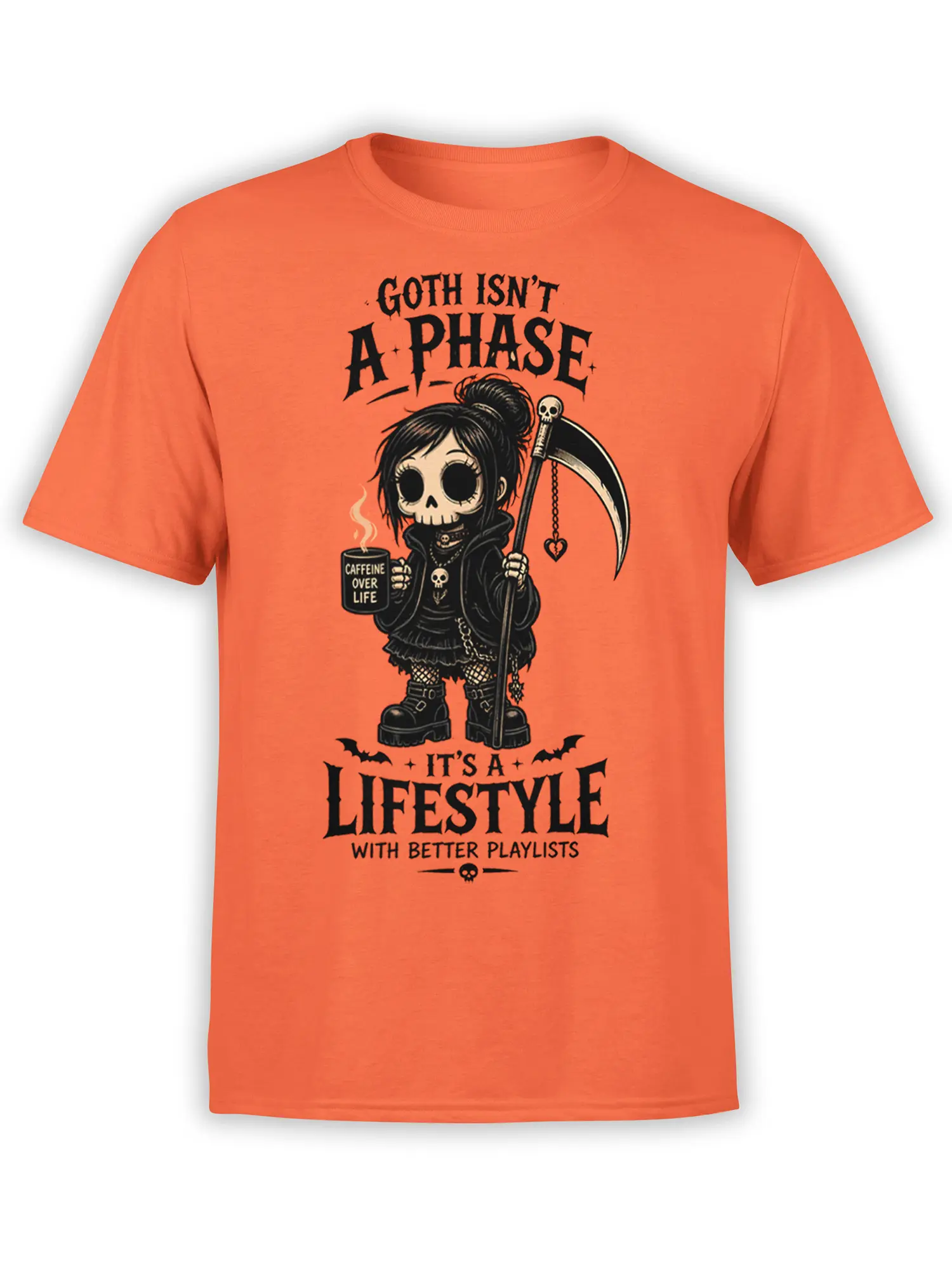 Gothic reaper girl holding a scythe and caffeine mug on an orange T-shirt