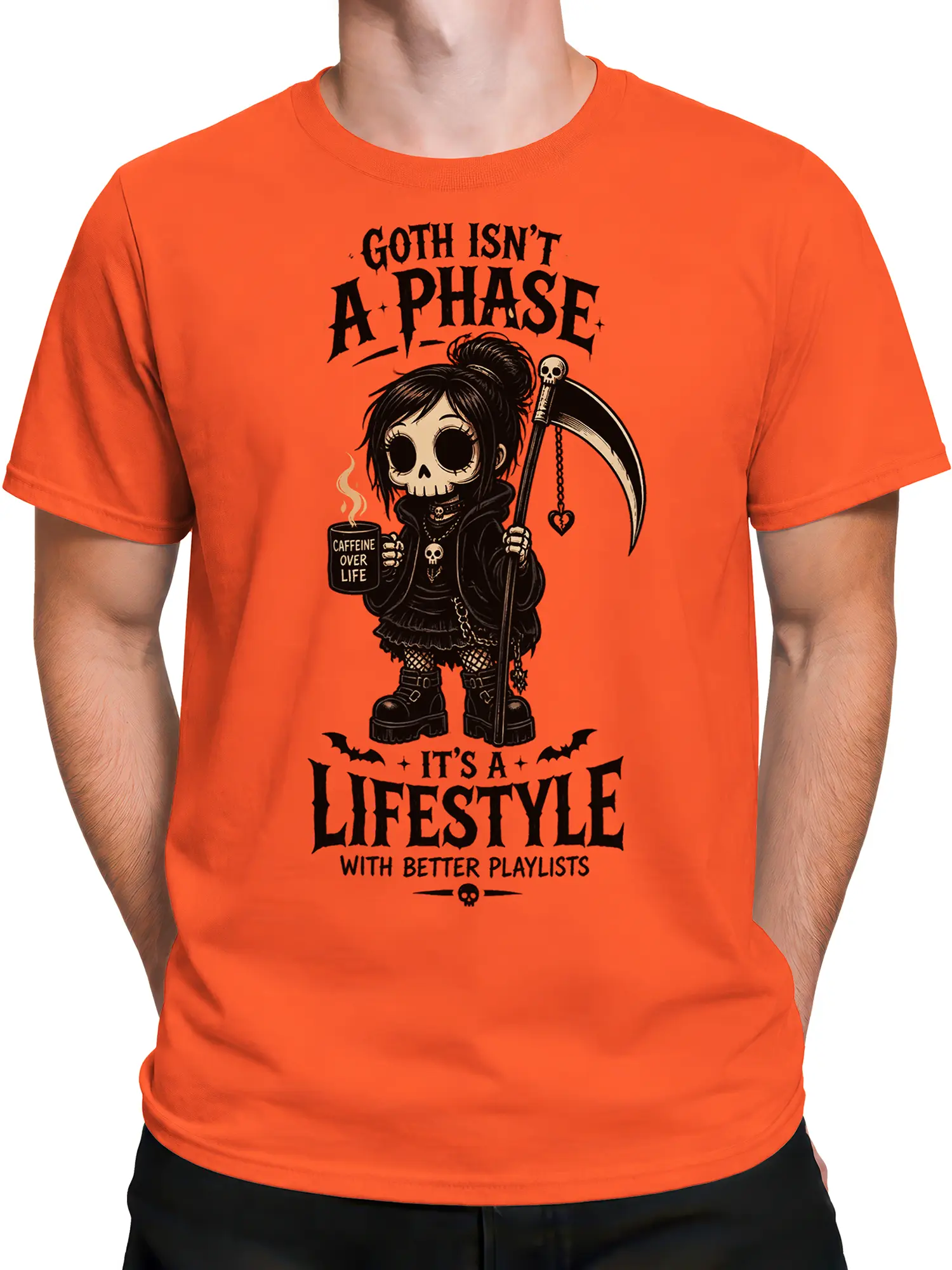 Male torso wearing an orange T-shirt with gothic reaper girl graphic and scythe