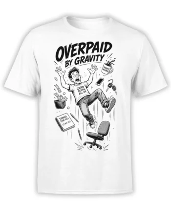 White T-shirt with black-and-white falling office worker design and “Overpaid by Gravity” text