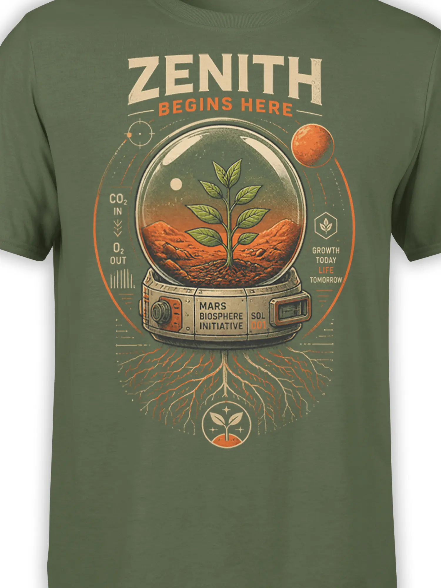 Close-up of Mars biosphere artwork with plant, red planet, roots, and mission details on a green shirt