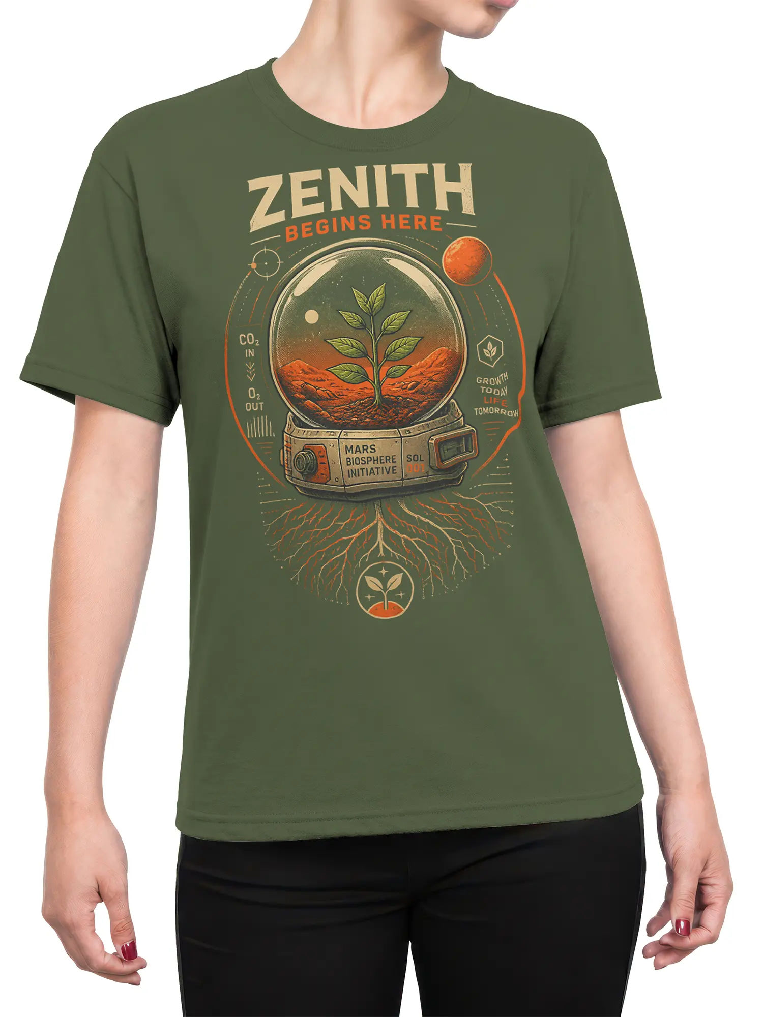 Female torso wearing a green Mars biosphere T-shirt with a growing plant and vintage space graphic