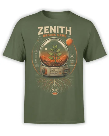 Green Mars biosphere T-shirt with a growing plant, red planet, roots, and vintage space mission graphics