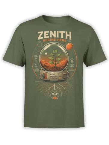 Green Mars biosphere T-shirt with a growing plant, red planet, roots, and vintage space mission graphics