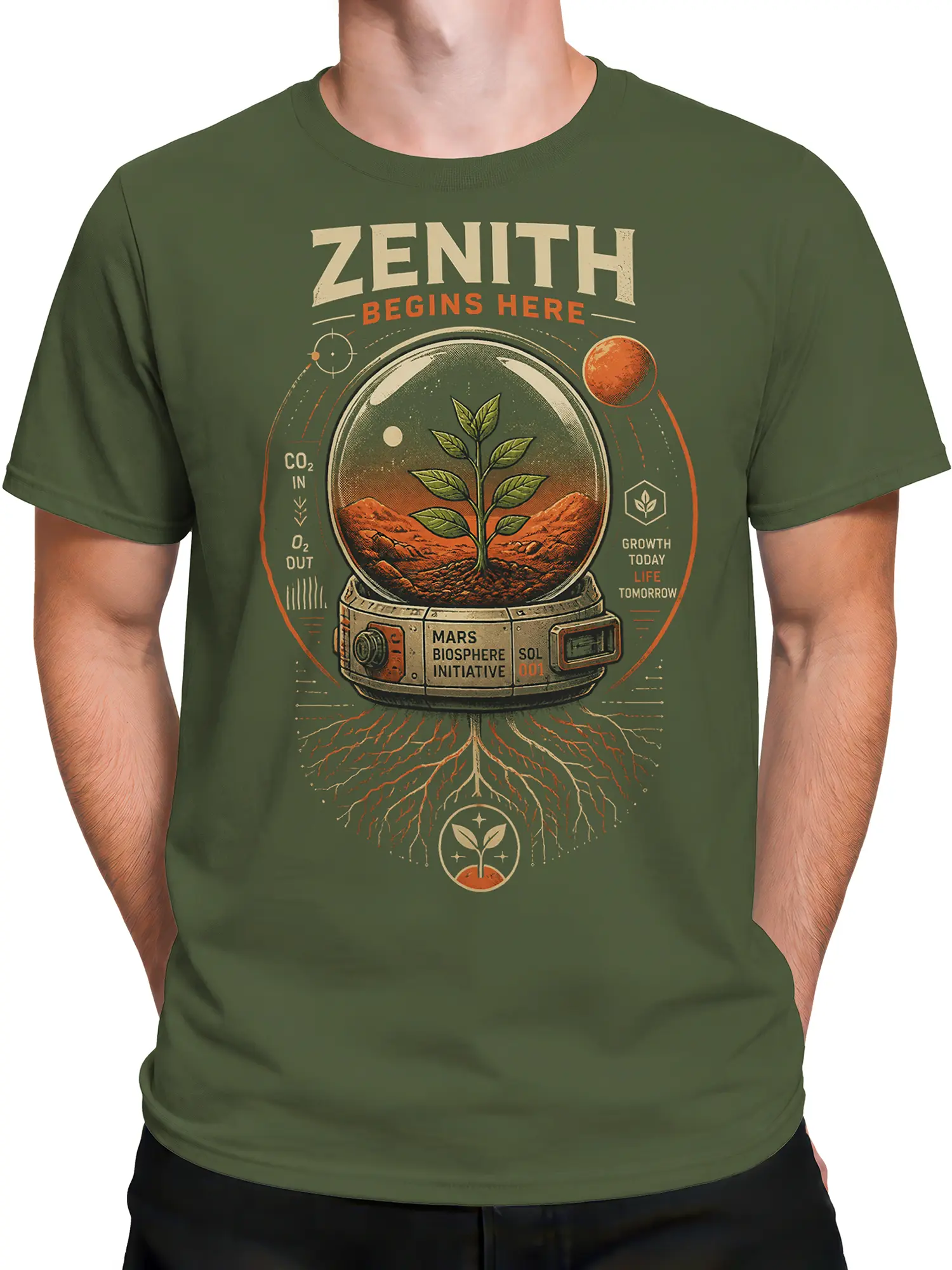 Male torso wearing a green Mars T-shirt with a plant, red planet, and retro biosphere design