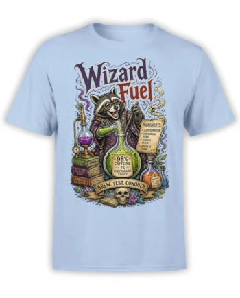 Light blue T-shirt with a goggle-wearing raccoon wizard brewing a caffeine potion in a detailed vintage design