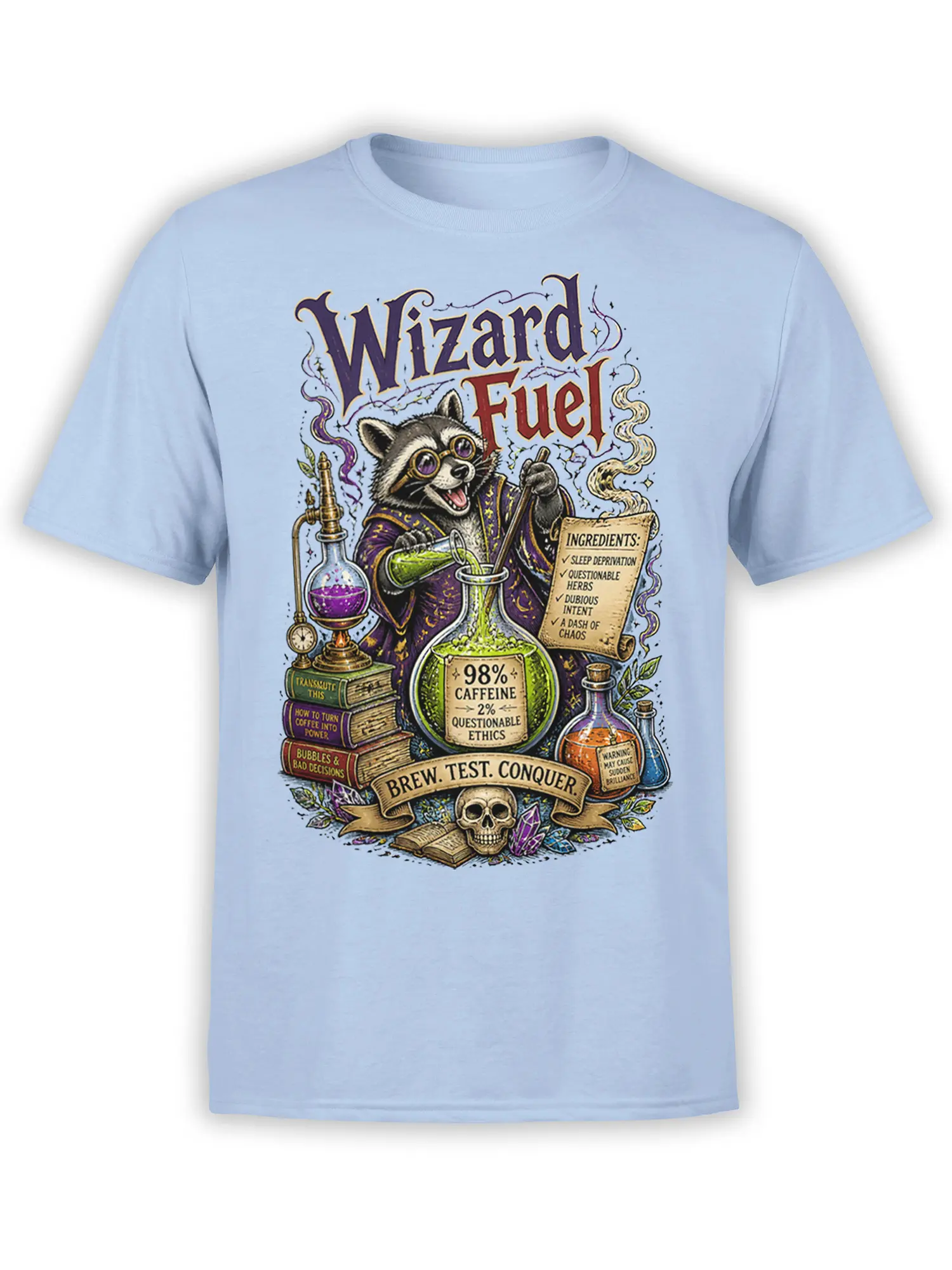 Light blue T-shirt with a goggle-wearing raccoon wizard brewing a caffeine potion in a detailed vintage design