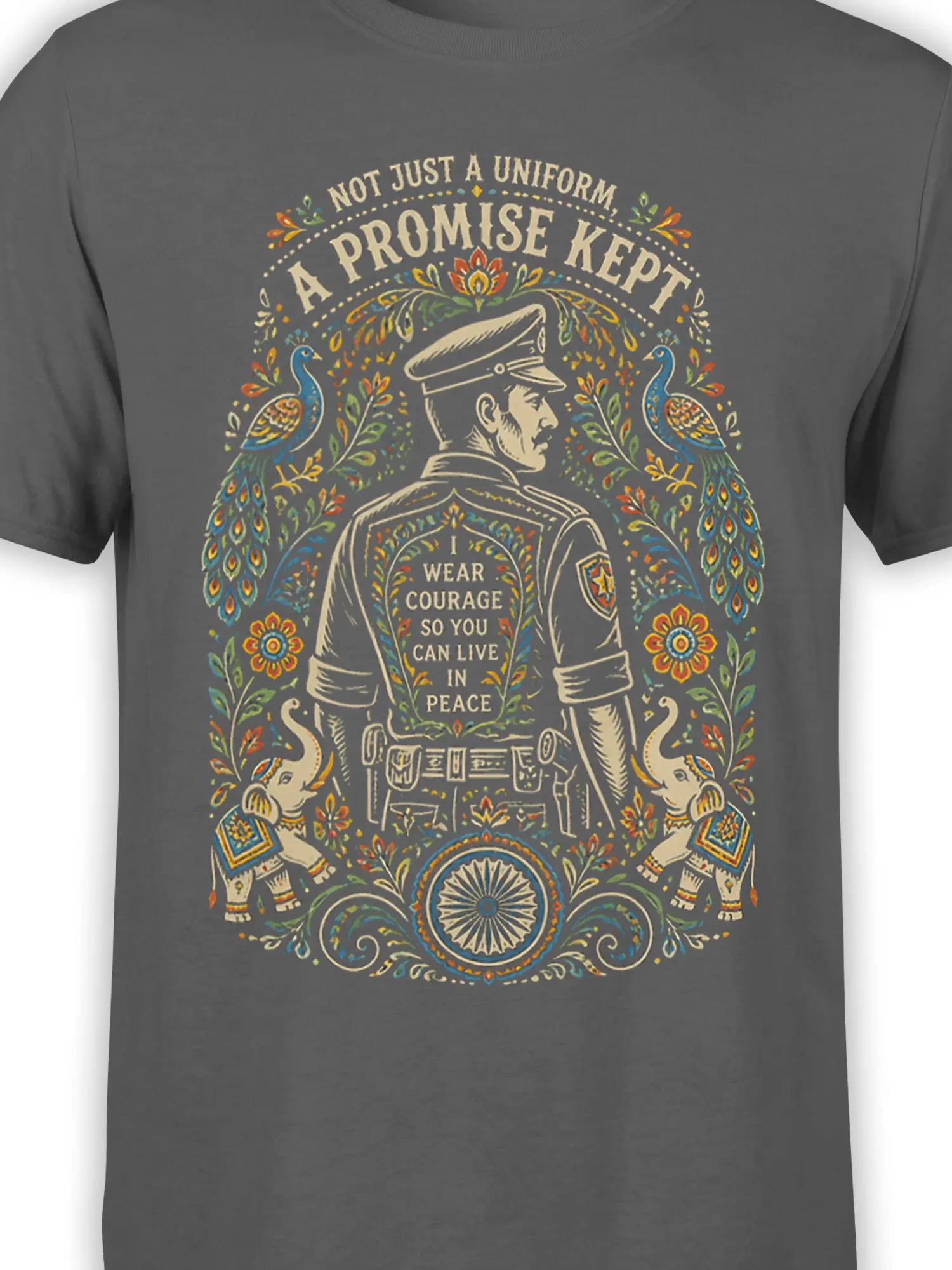 Close-up of gray soldier shirt artwork with peacocks, floral details, elephants, and promise kept lettering