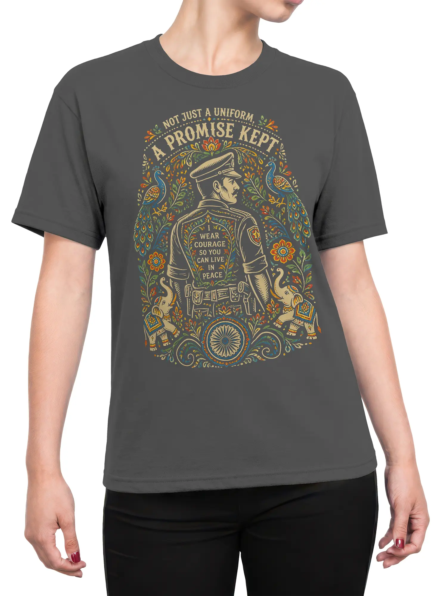 Female torso wearing a gray soldier t-shirt with vintage artwork, peacocks, elephants, flowers, and a peace message