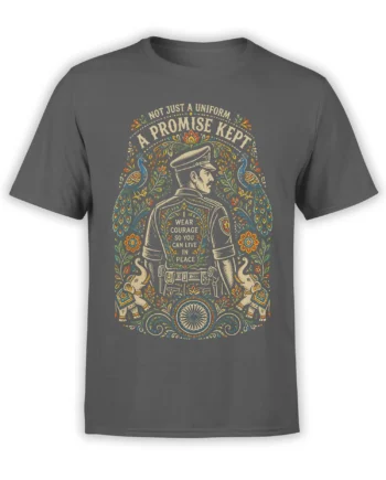 Gray soldier t-shirt with vintage portrait, peacocks, elephants, flowers, and a courage and peace message