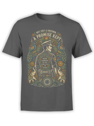 Gray soldier t-shirt with vintage portrait, peacocks, elephants, flowers, and a courage and peace message