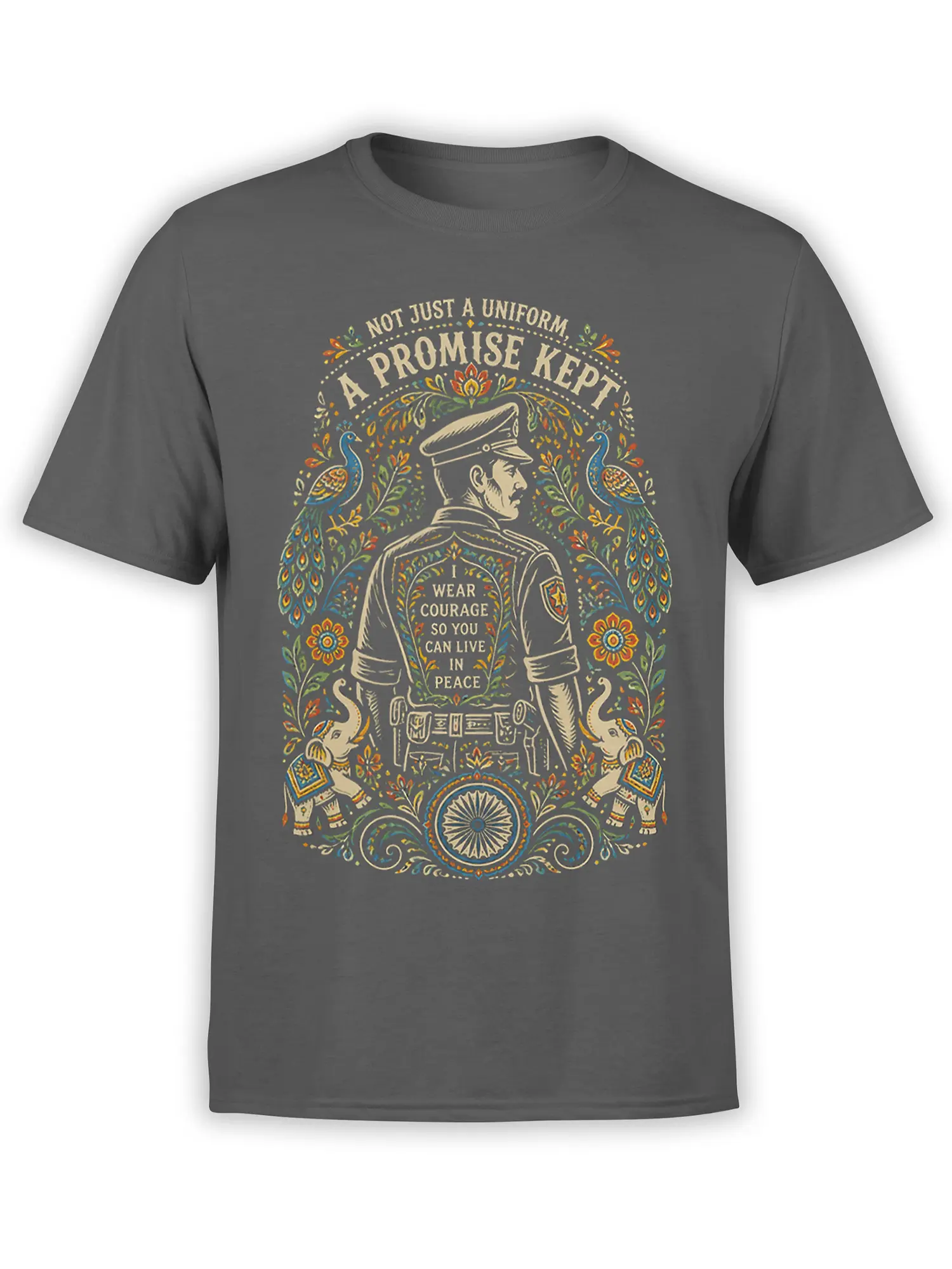 Gray soldier t-shirt with vintage portrait, peacocks, elephants, flowers, and a courage and peace message