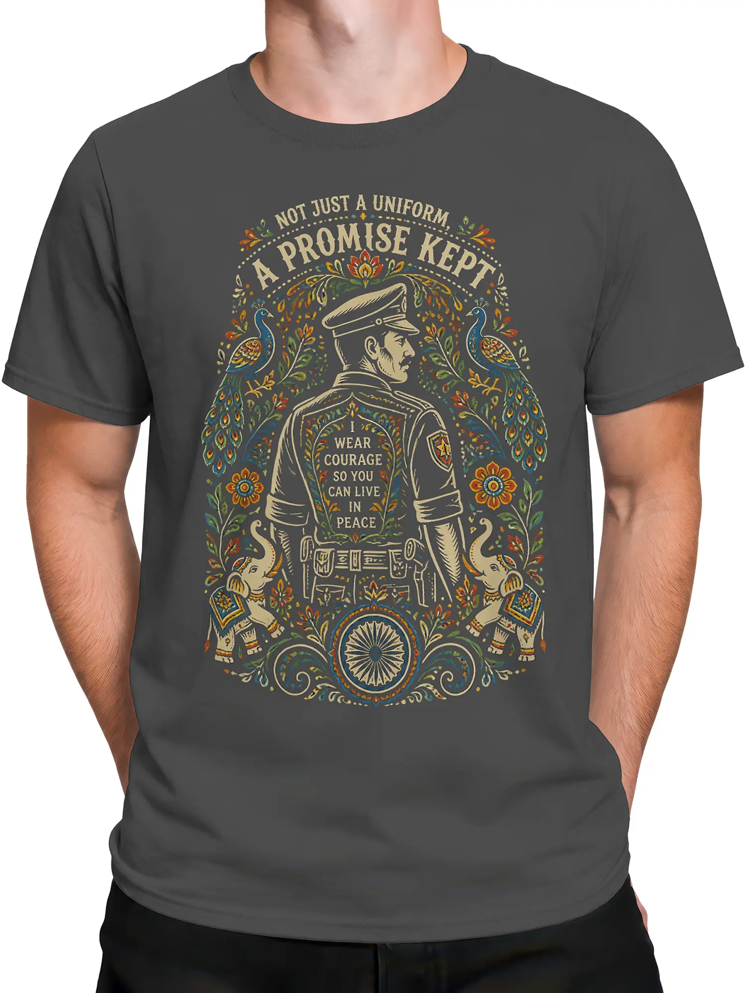 Male torso wearing a gray military-inspired soldier t-shirt with vintage artwork and a courage and peace message